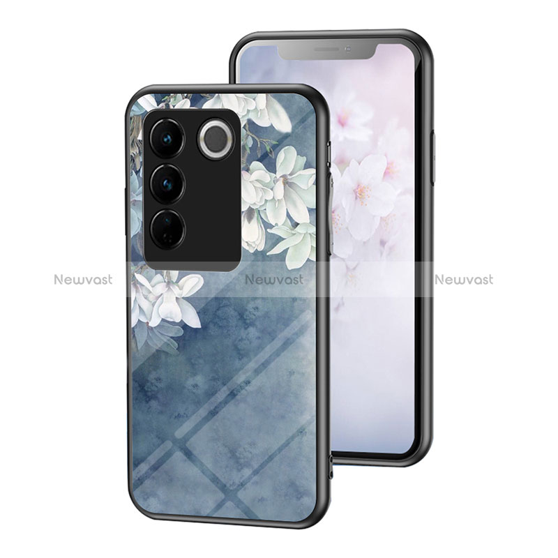 Silicone Frame Flowers Mirror Case Cover for Vivo V27 Pro 5G Blue