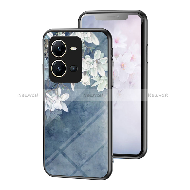 Silicone Frame Flowers Mirror Case Cover for Vivo X80 Lite 5G Blue