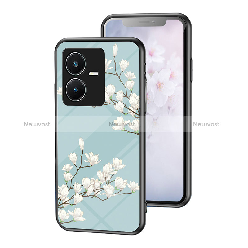 Silicone Frame Flowers Mirror Case Cover for Vivo Y22 Cyan