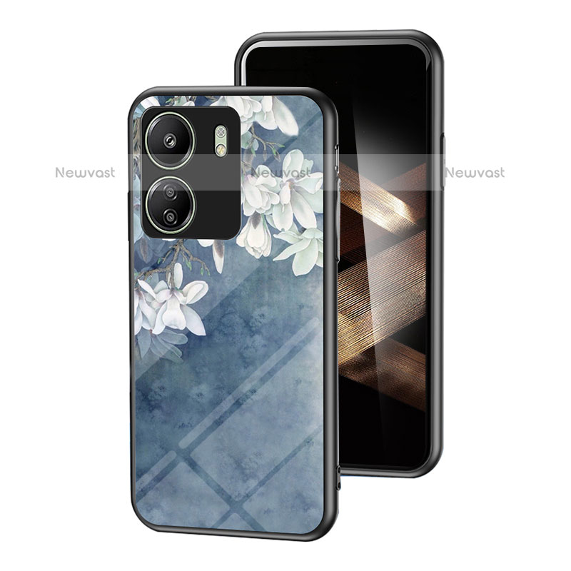 Silicone Frame Flowers Mirror Case Cover for Xiaomi Poco C65 Blue