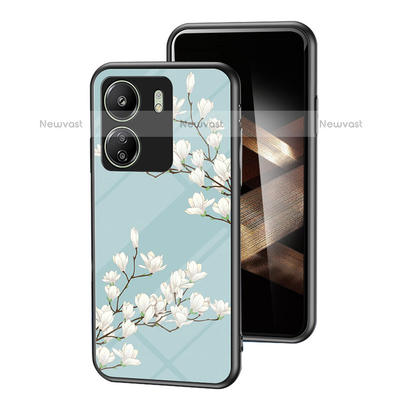 Silicone Frame Flowers Mirror Case Cover for Xiaomi Poco C65 Cyan