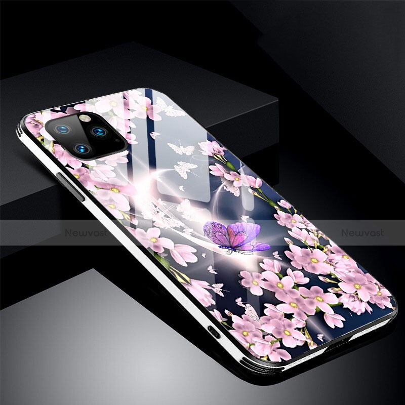 Silicone Frame Flowers Mirror Case Cover M01 for Apple iPhone 11 Pro Max Purple