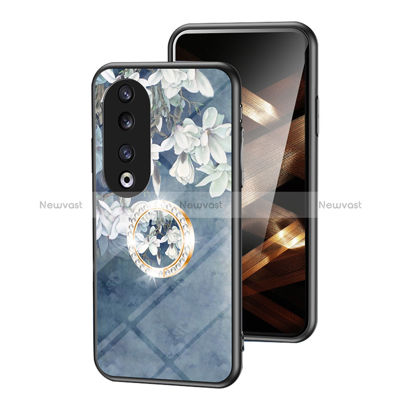 Silicone Frame Flowers Mirror Case Cover S01 for Huawei Honor 90 Pro 5G Blue