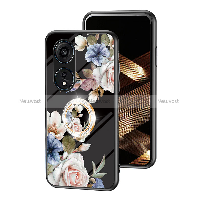 Silicone Frame Flowers Mirror Case Cover S01 for Oppo Reno8 T 4G Black