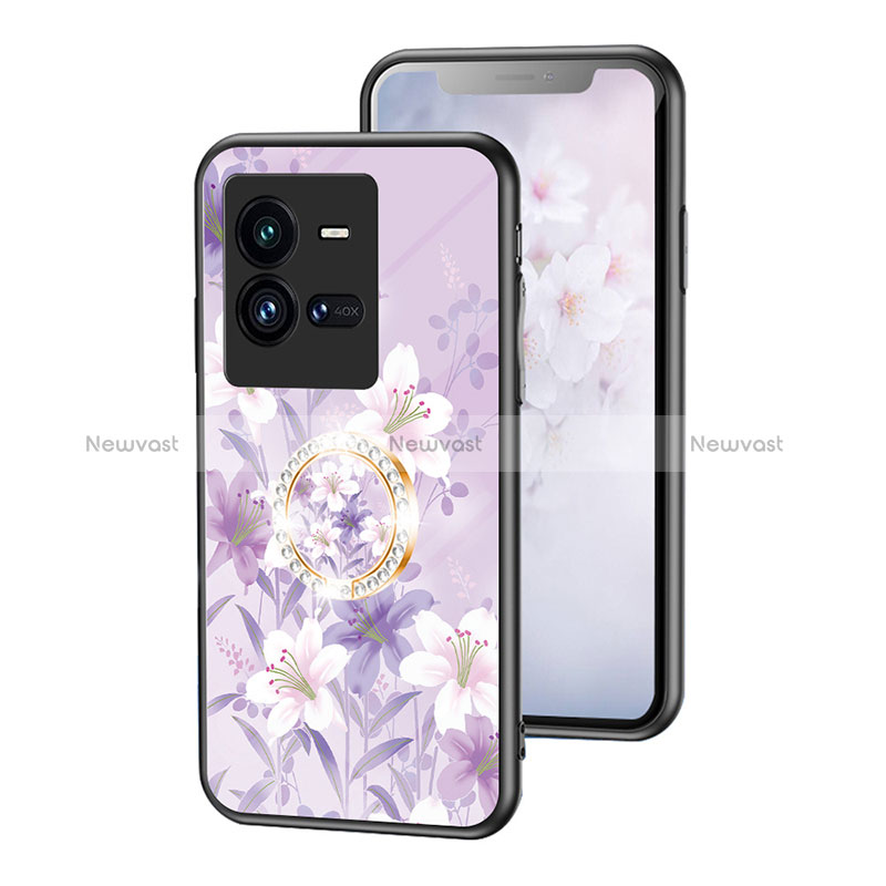 Silicone Frame Flowers Mirror Case Cover S01 for Vivo iQOO 10 Pro 5G Clove Purple