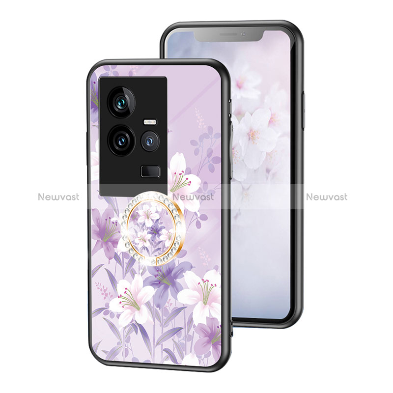 Silicone Frame Flowers Mirror Case Cover S01 for Vivo iQOO 11 5G Clove Purple