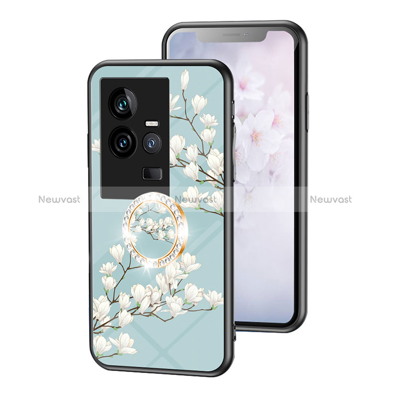 Silicone Frame Flowers Mirror Case Cover S01 for Vivo iQOO 11 5G Cyan