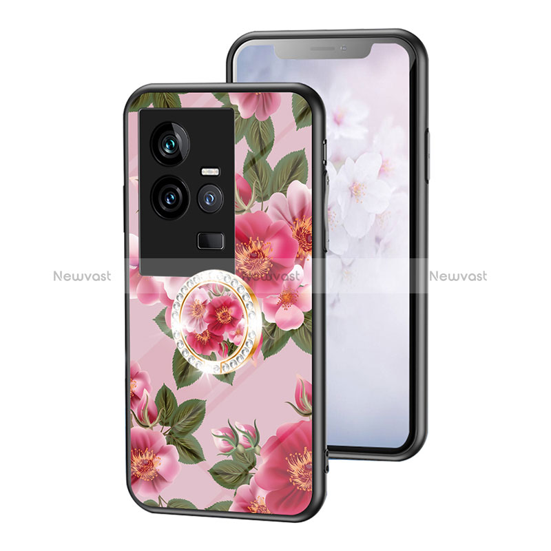 Silicone Frame Flowers Mirror Case Cover S01 for Vivo iQOO 11 5G Red