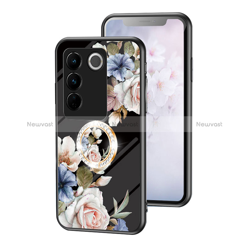 Silicone Frame Flowers Mirror Case Cover S01 for Vivo V27 5G Black