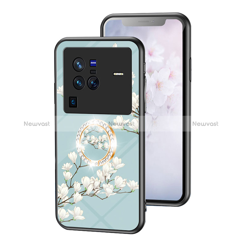Silicone Frame Flowers Mirror Case Cover S01 for Vivo X80 Pro 5G Cyan
