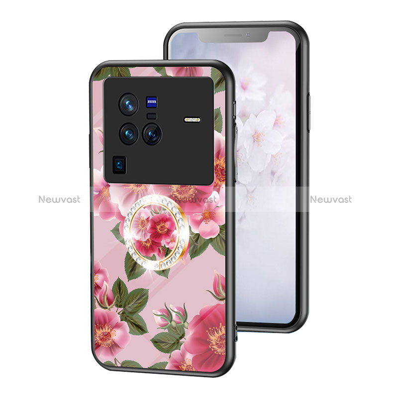 Silicone Frame Flowers Mirror Case Cover S01 for Vivo X80 Pro 5G Red