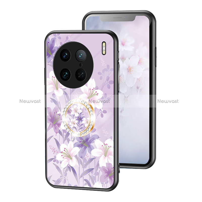 Silicone Frame Flowers Mirror Case Cover S01 for Vivo X90 Pro 5G Clove Purple