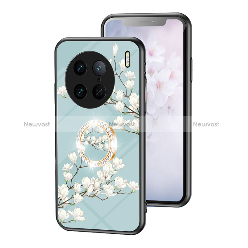 Silicone Frame Flowers Mirror Case Cover S01 for Vivo X90 Pro 5G Cyan