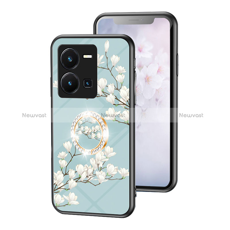 Silicone Frame Flowers Mirror Case Cover S01 for Vivo Y35 4G Cyan