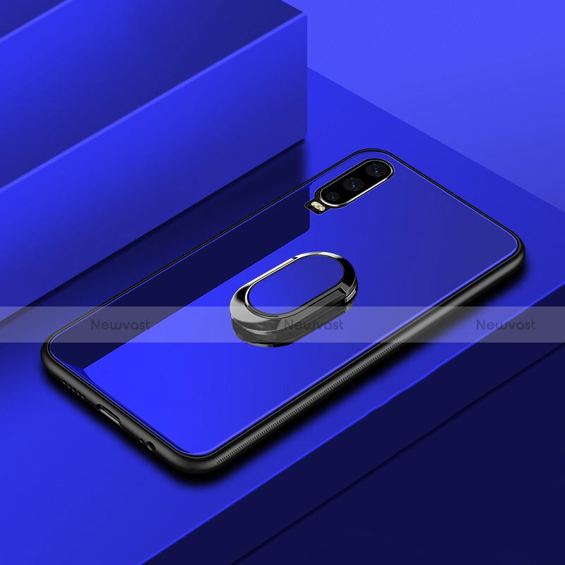 Silicone Frame Mirror Case Cover with Finger Ring Stand for Huawei P30 Blue