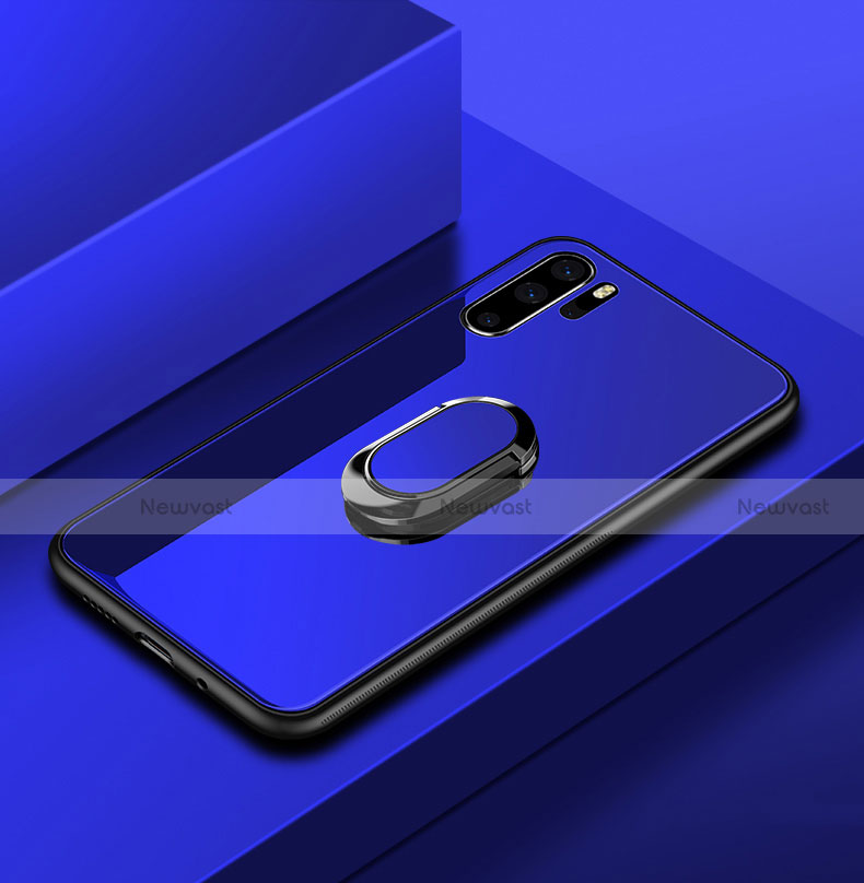 Silicone Frame Mirror Case Cover with Finger Ring Stand for Huawei P30 Pro Blue