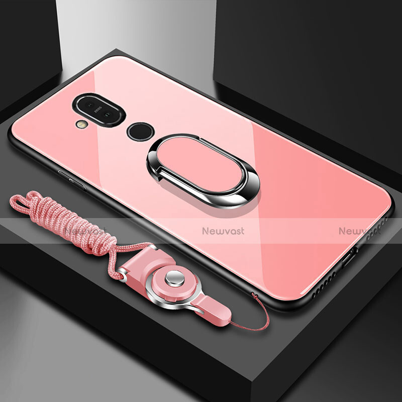 Silicone Frame Mirror Case Cover with Finger Ring Stand for Nokia X7 Rose Gold