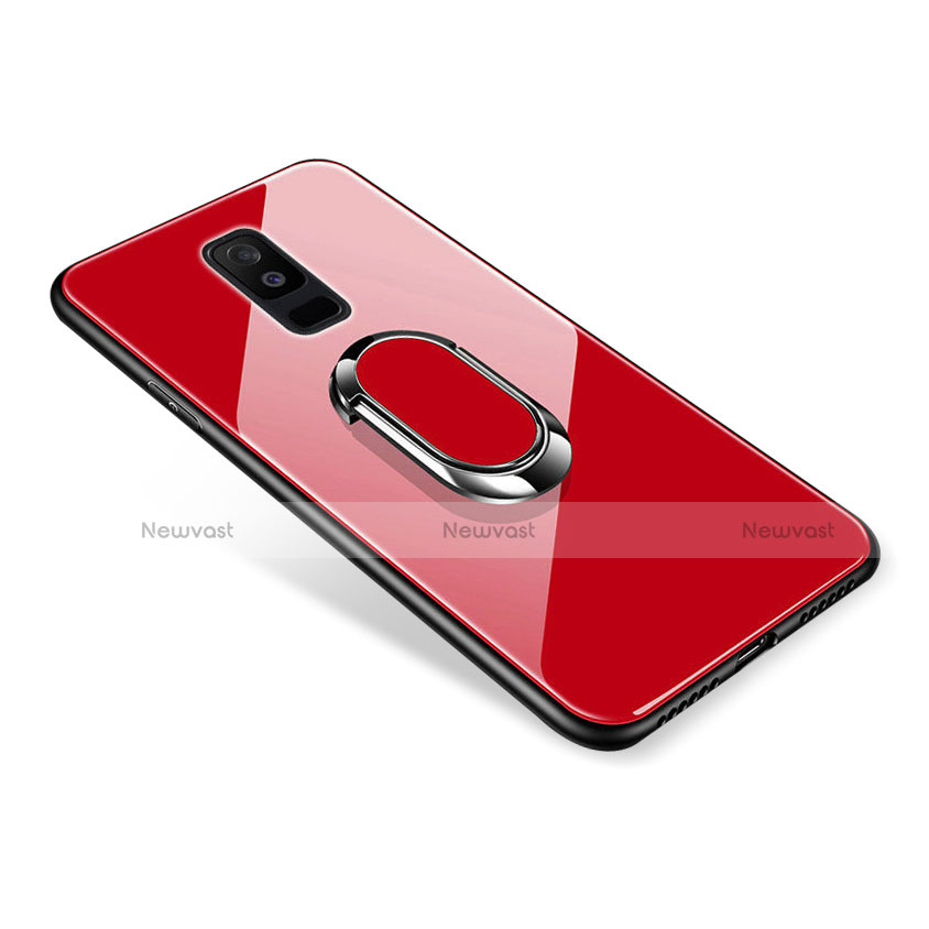 Silicone Frame Mirror Case Cover with Finger Ring Stand for Samsung Galaxy A6 Plus (2018) Red