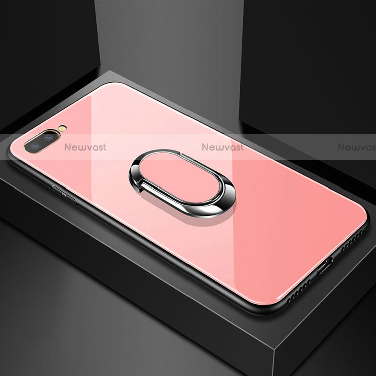 Silicone Frame Mirror Case Cover with Magnetic Finger Ring Stand A01 for Oppo A12e Pink