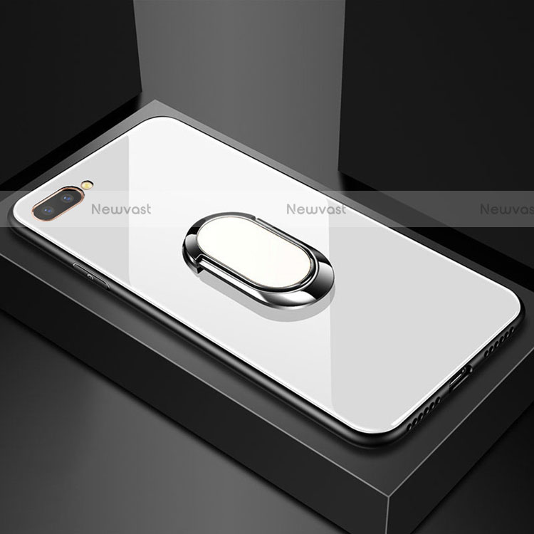 Silicone Frame Mirror Case Cover with Magnetic Finger Ring Stand A01 for Oppo A12e White