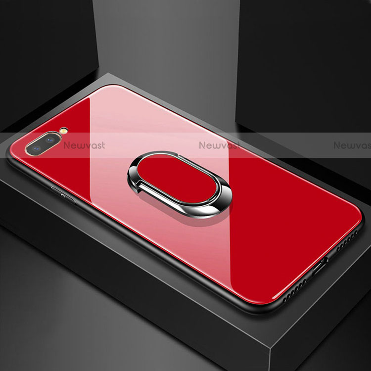 Silicone Frame Mirror Case Cover with Magnetic Finger Ring Stand A01 for Oppo A5 Red