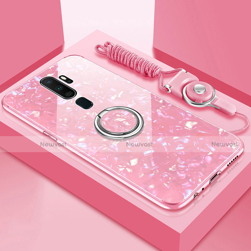 Silicone Frame Mirror Case Cover with Magnetic Finger Ring Stand A01 for Oppo A9 (2020) Pink