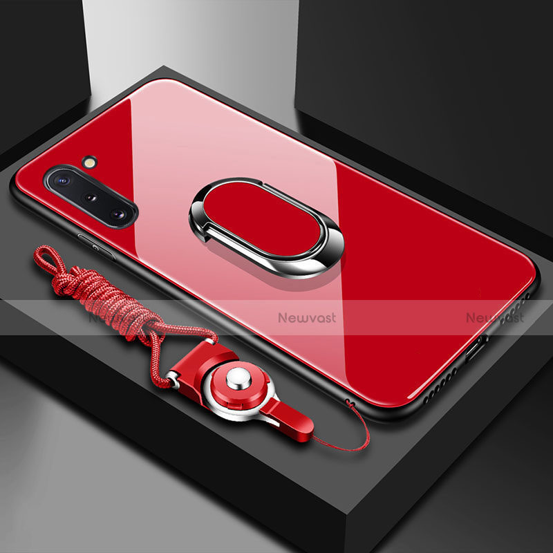 Silicone Frame Mirror Case Cover with Magnetic Finger Ring Stand A01 for Samsung Galaxy Note 10 5G Red