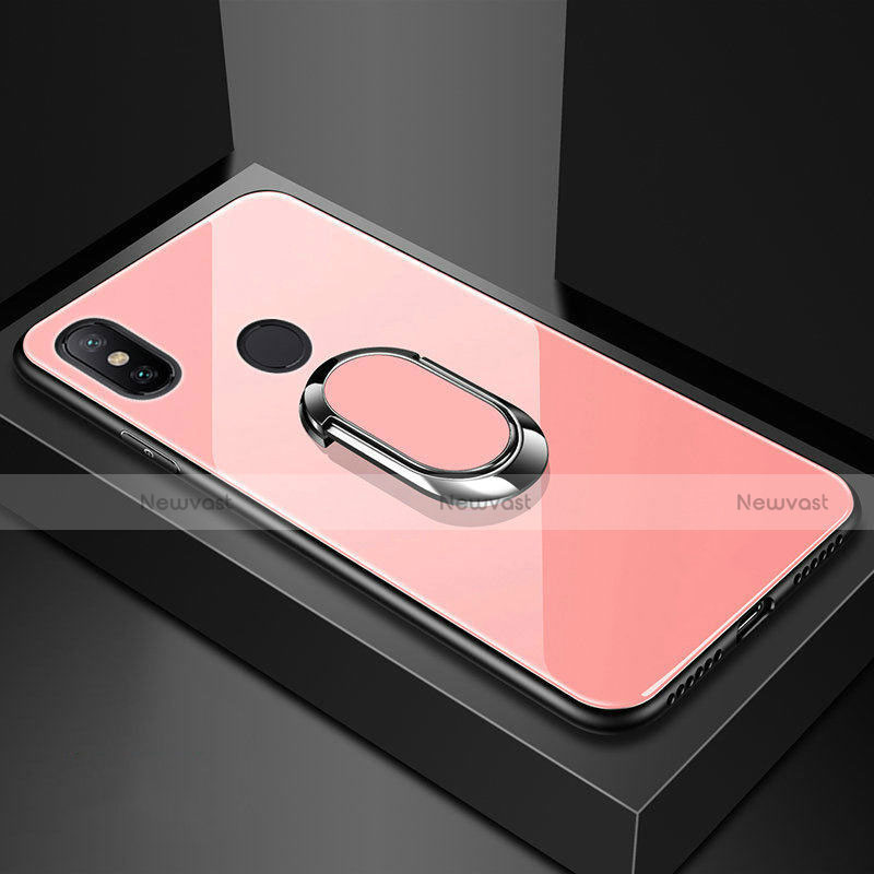 Silicone Frame Mirror Case Cover with Magnetic Finger Ring Stand A01 for Xiaomi Mi A2 Lite Rose Gold