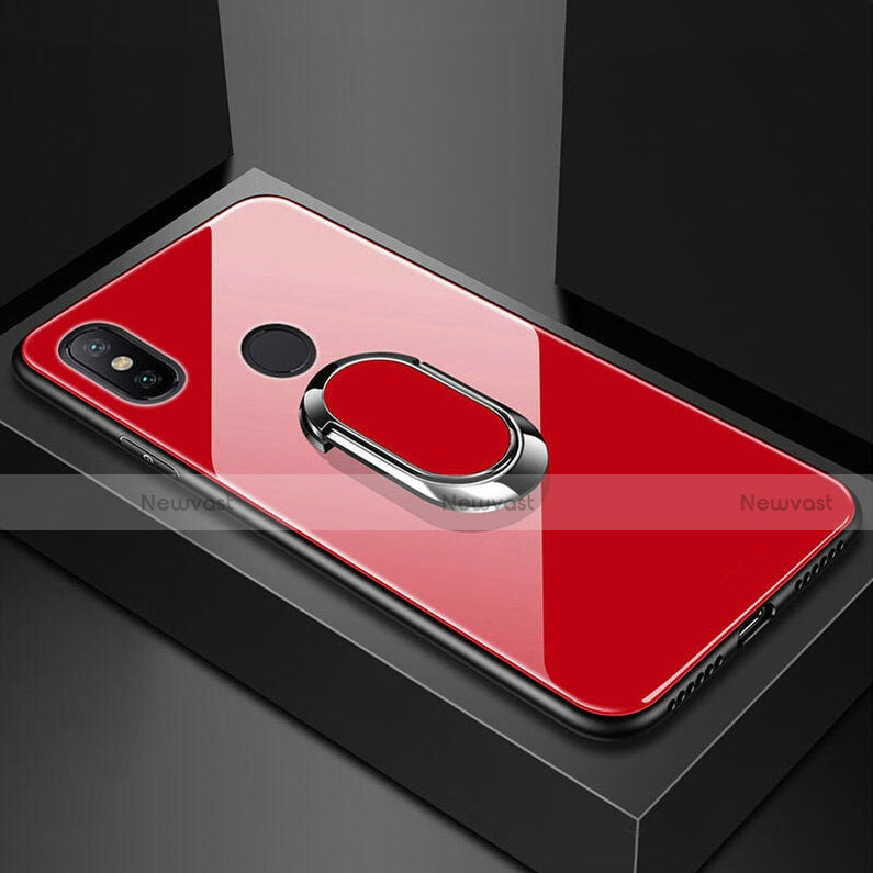 Silicone Frame Mirror Case Cover with Magnetic Finger Ring Stand A01 for Xiaomi Redmi 6 Pro Red