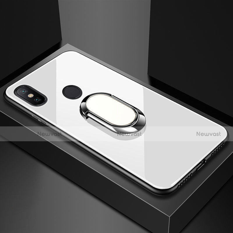 Silicone Frame Mirror Case Cover with Magnetic Finger Ring Stand A01 for Xiaomi Redmi 6 Pro White