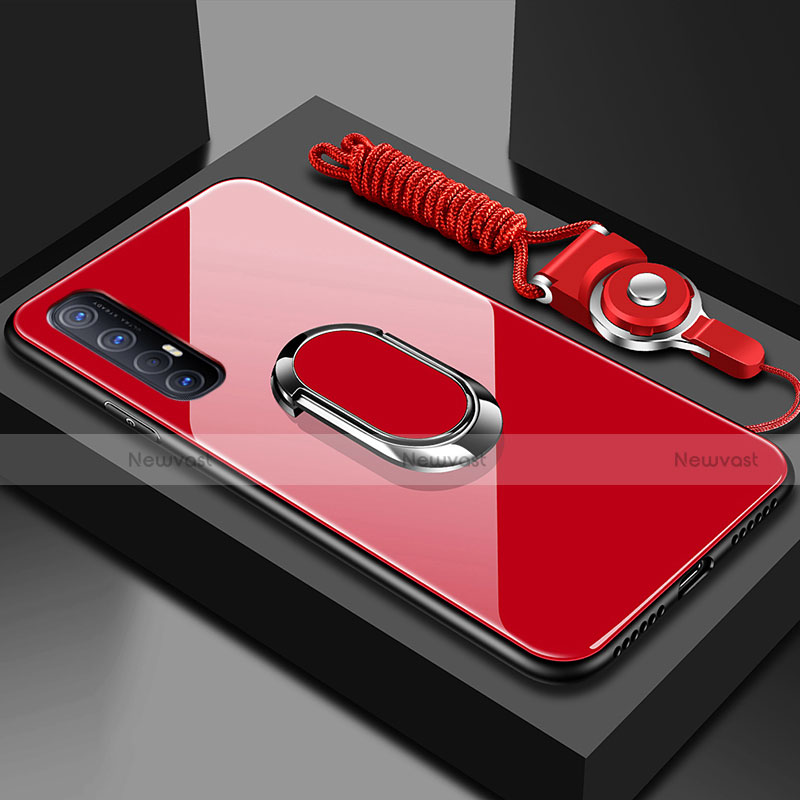 Silicone Frame Mirror Case Cover with Magnetic Finger Ring Stand A02 for Oppo Find X2 Neo Red