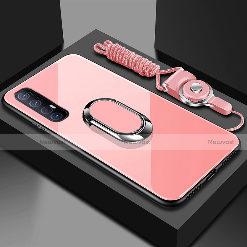 Silicone Frame Mirror Case Cover with Magnetic Finger Ring Stand A02 for Oppo Reno3 Pro Pink