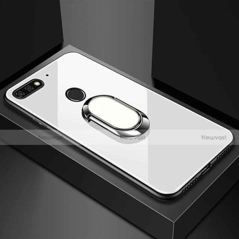 Silicone Frame Mirror Case Cover with Magnetic Finger Ring Stand for Huawei Enjoy 8e White