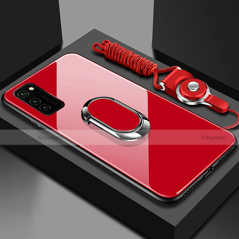 Silicone Frame Mirror Case Cover with Magnetic Finger Ring Stand for Huawei Honor V30 5G Red