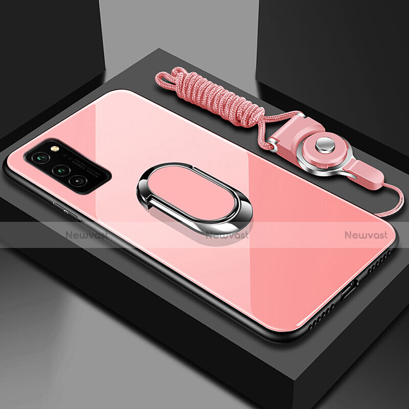 Silicone Frame Mirror Case Cover with Magnetic Finger Ring Stand for Huawei Honor V30 5G Rose Gold