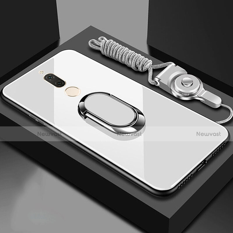 Silicone Frame Mirror Case Cover with Magnetic Finger Ring Stand for Huawei Mate 10 Lite White