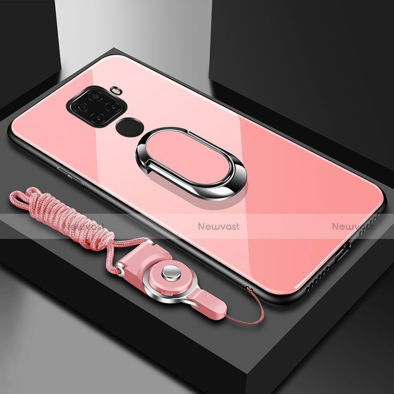 Silicone Frame Mirror Case Cover with Magnetic Finger Ring Stand for Huawei Mate 30 Lite Pink