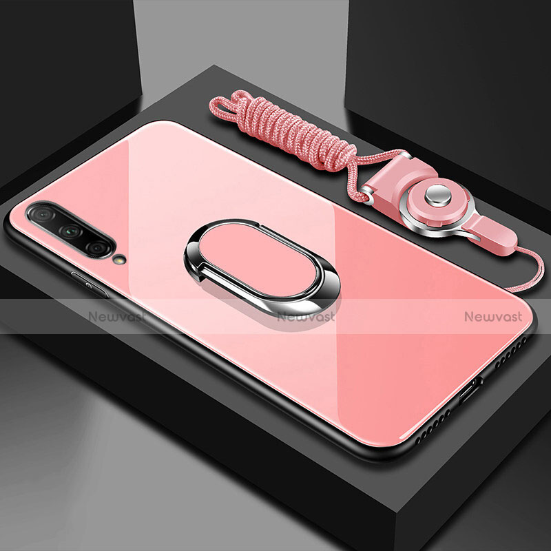 Silicone Frame Mirror Case Cover with Magnetic Finger Ring Stand for Huawei P Smart Pro (2019) Pink