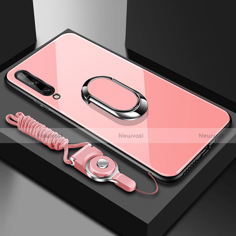 Silicone Frame Mirror Case Cover with Magnetic Finger Ring Stand for Huawei P smart S Pink