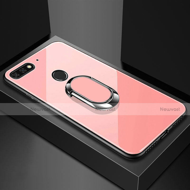 Silicone Frame Mirror Case Cover with Magnetic Finger Ring Stand for Huawei Y6 (2018) Rose Gold