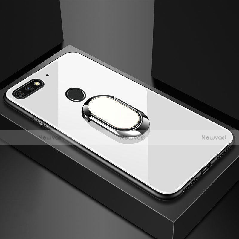 Silicone Frame Mirror Case Cover with Magnetic Finger Ring Stand for Huawei Y6 Prime (2018) White