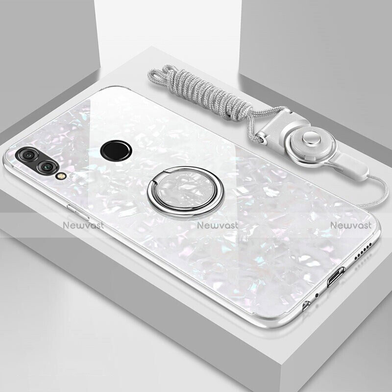 Silicone Frame Mirror Case Cover with Magnetic Finger Ring Stand for Huawei Y9 (2019) White