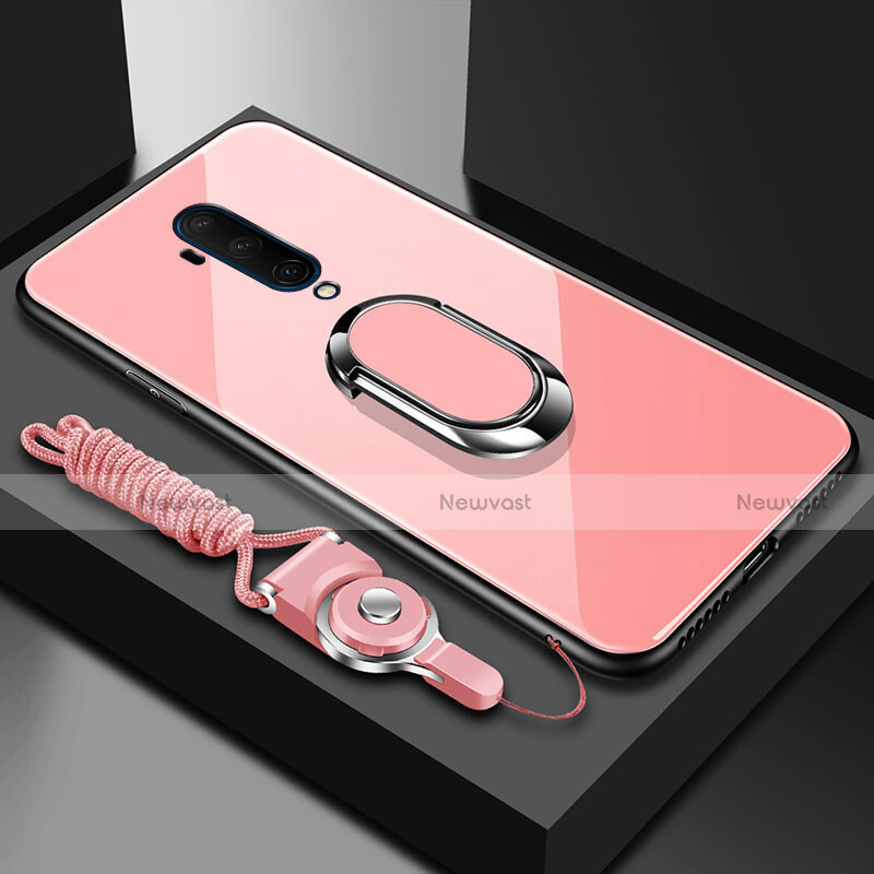 Silicone Frame Mirror Case Cover with Magnetic Finger Ring Stand for OnePlus 7T Pro 5G Rose Gold