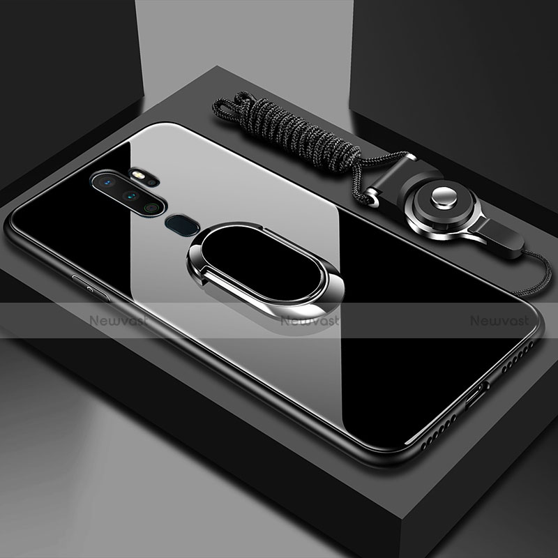 Silicone Frame Mirror Case Cover with Magnetic Finger Ring Stand for Oppo A11 Black