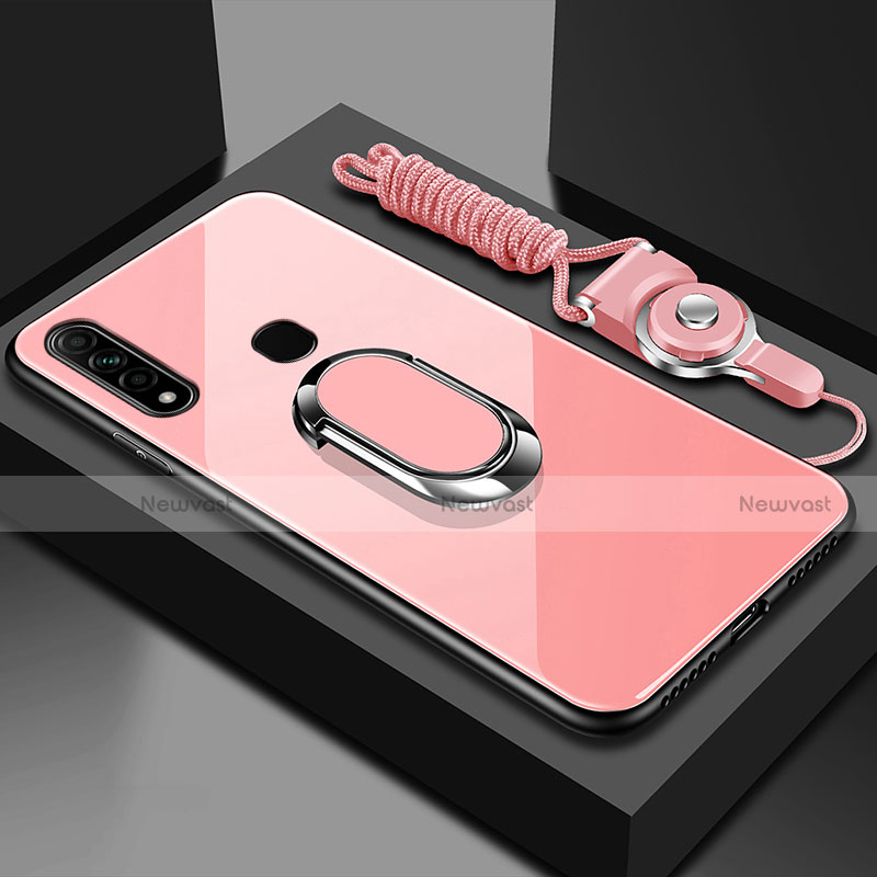 Silicone Frame Mirror Case Cover with Magnetic Finger Ring Stand for Oppo A31 Pink