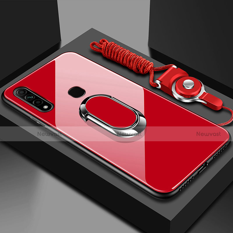 Silicone Frame Mirror Case Cover with Magnetic Finger Ring Stand for Oppo A31 Red