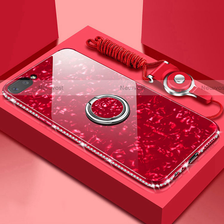 Silicone Frame Mirror Case Cover with Magnetic Finger Ring Stand for Oppo AX5 Red