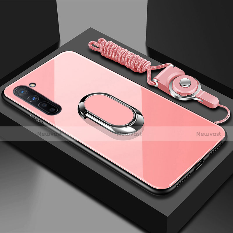 Silicone Frame Mirror Case Cover with Magnetic Finger Ring Stand for Oppo Find X2 Lite Pink