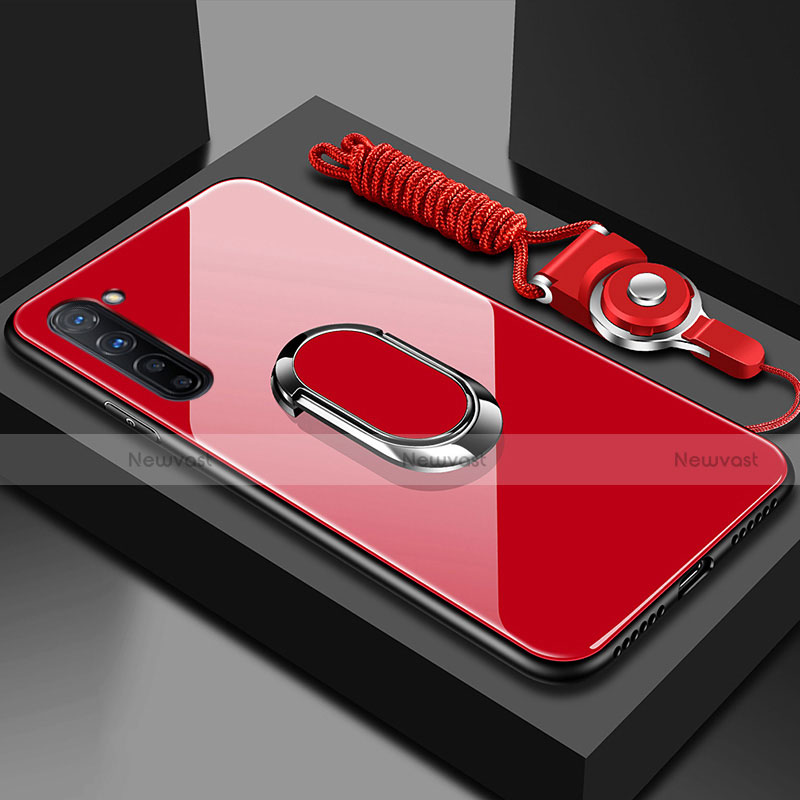 Silicone Frame Mirror Case Cover with Magnetic Finger Ring Stand for Oppo Reno3 Red