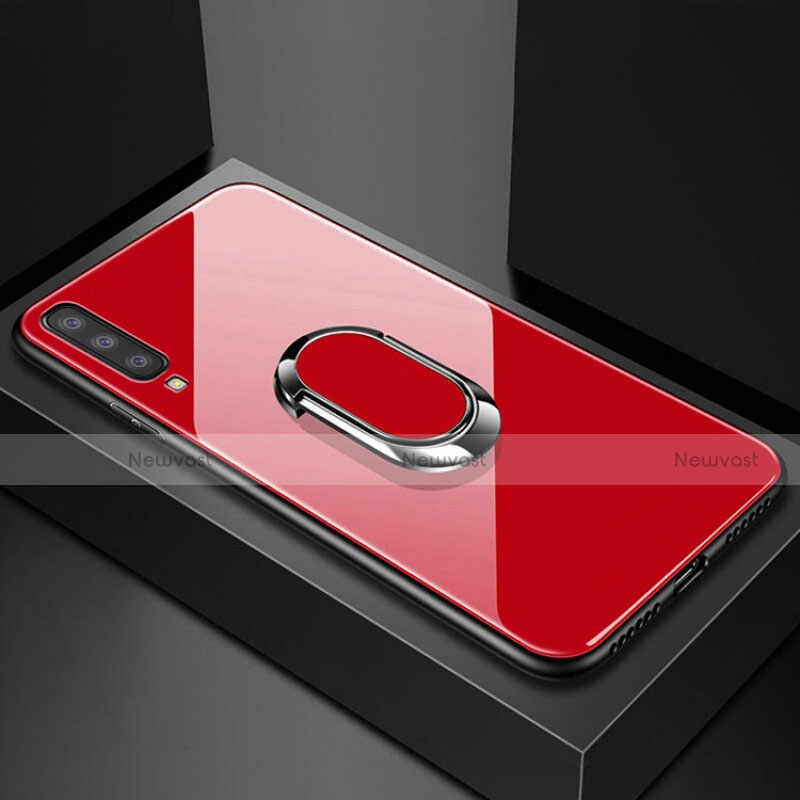 Silicone Frame Mirror Case Cover with Magnetic Finger Ring Stand for Samsung Galaxy A70 Red